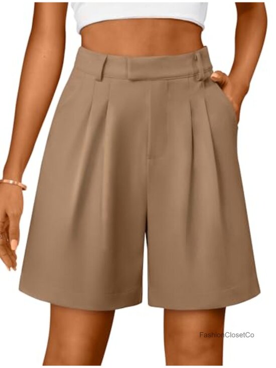 Pants - High Waisted Pleated Bermuda Shorts with Pockets Elastic Waist Work Casual
